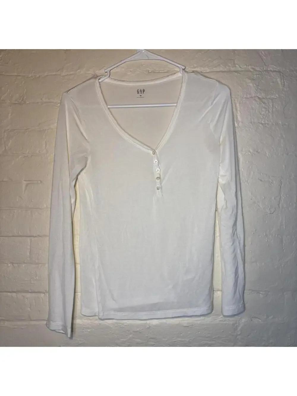 Gap White Henley Long Sleeve Top Y2K Slim Fit Button Tank - Picture 2 of 4